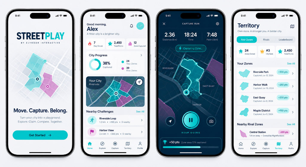 STREETPLAY App - 4 Screens Mockup: Onboarding, Dashboard, Capture Run, and Territory Wars